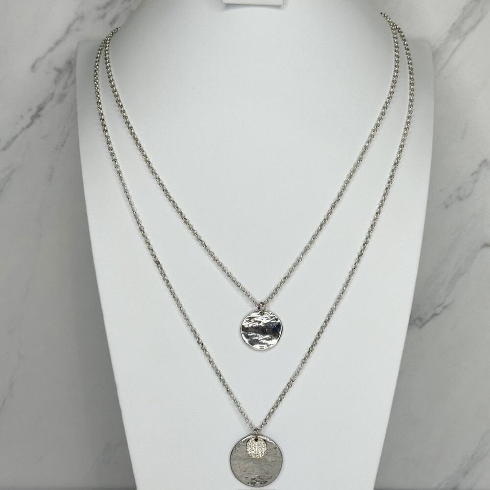 Chico's Layered Hammered Disc Rhinestone Silver Long Necklace ✨